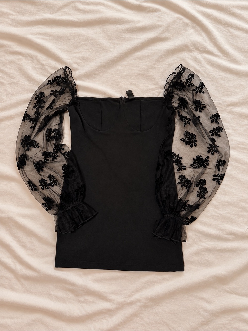 SHEIN Black Sheer Puff Sleeve Floral Appliqué Mini Dress
